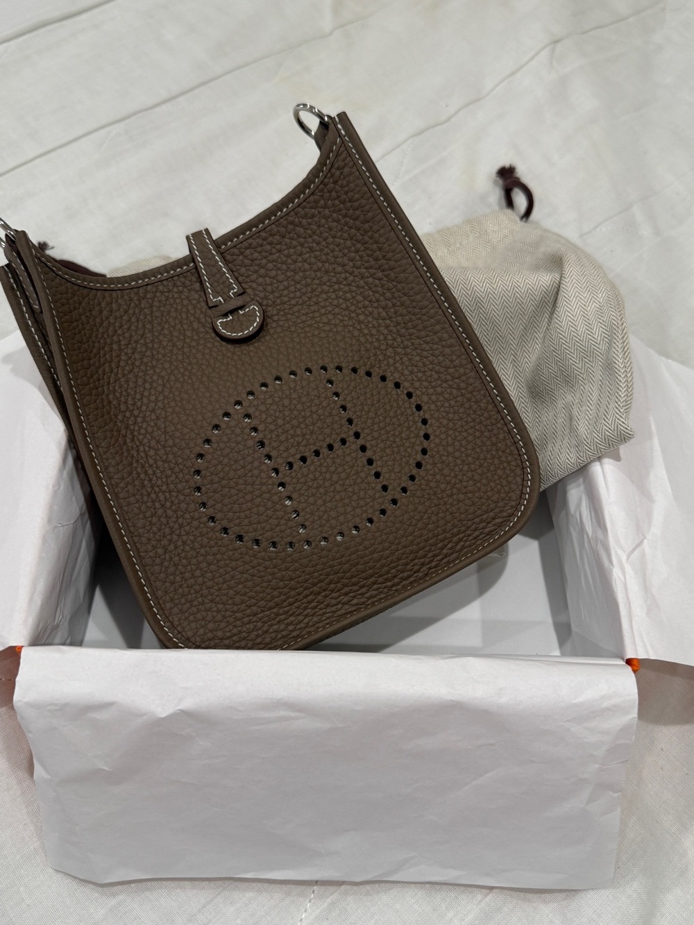 Hermes Etoupe Evelyn TPM Bag with PHW and Navy Strap